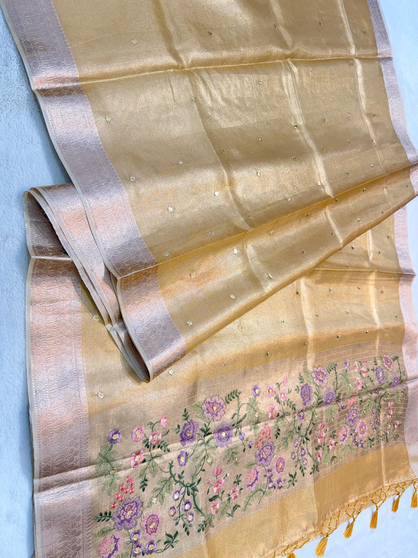 Gold Tissue Kota Embroidery Handwork Banarasi Saree