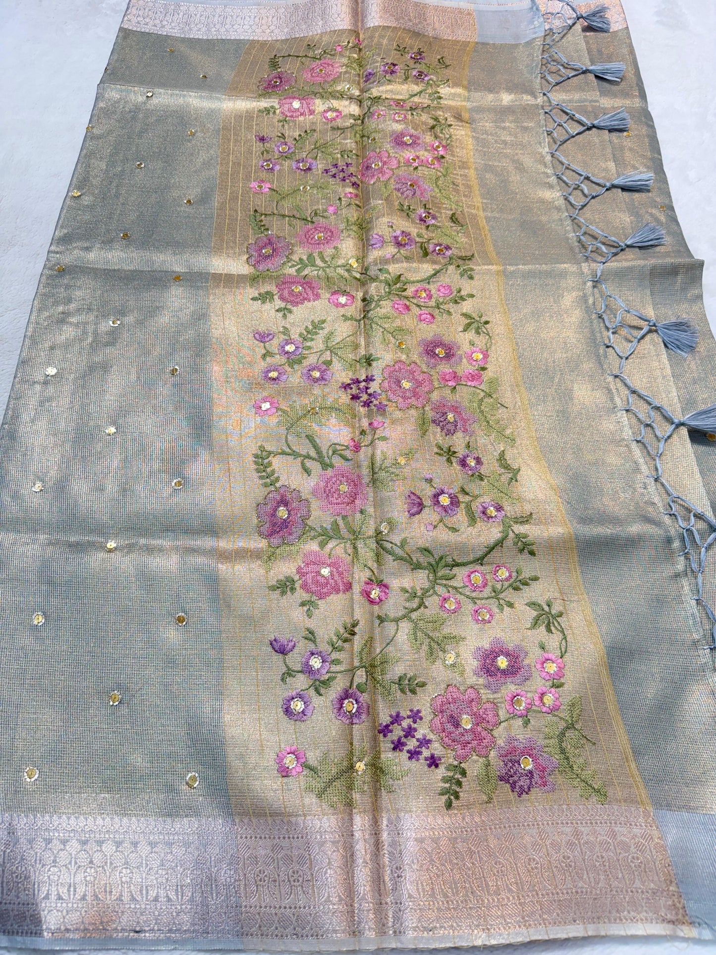 Light Slate Blue Tissue Kota Embroidery Handwork Banarasi Saree