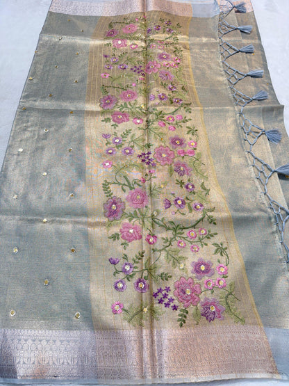 Light Slate Blue Tissue Kota Embroidery Handwork Banarasi Saree