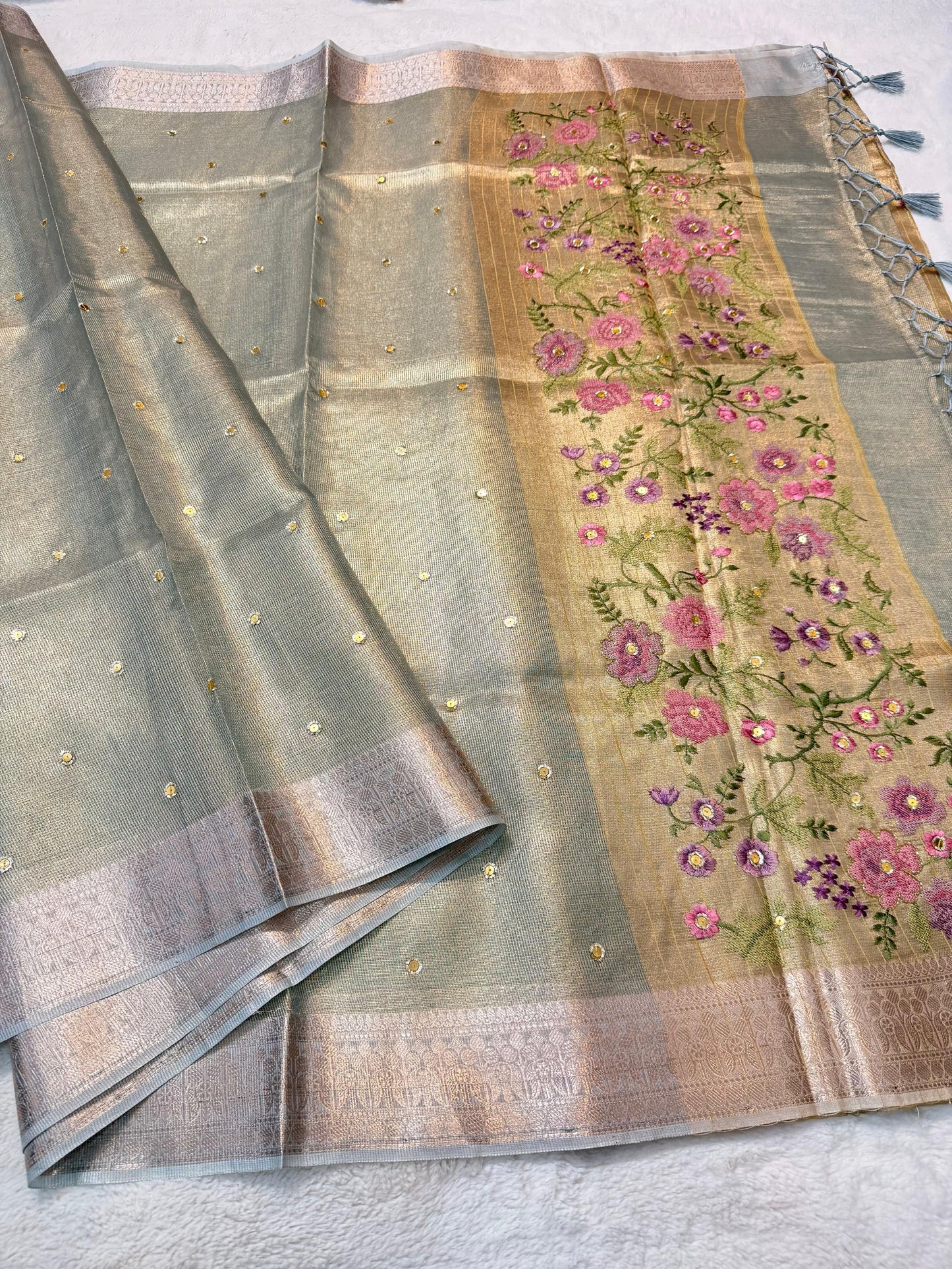 Light Slate Blue Tissue Kota Embroidery Handwork Banarasi Saree