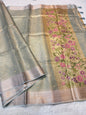 Light Slate Blue Tissue Kota Embroidery Handwork Banarasi Saree