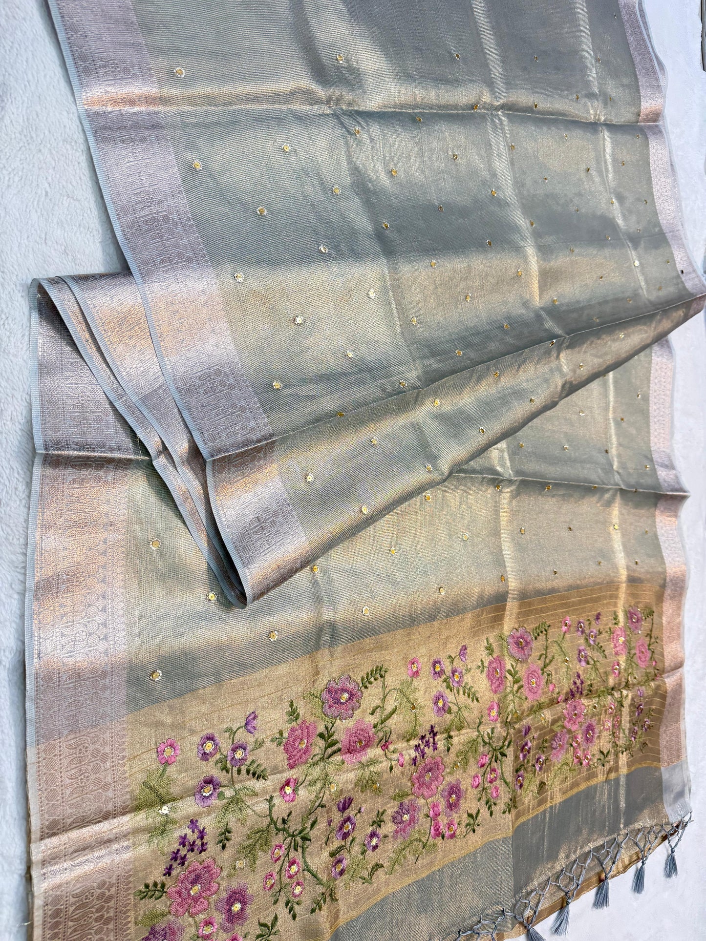 Light Slate Blue Tissue Kota Embroidery Handwork Banarasi Saree