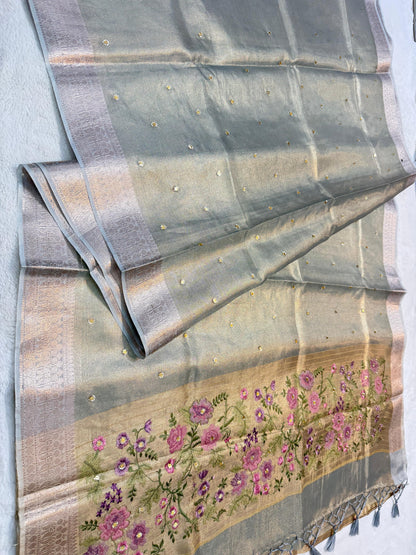 Light Slate Blue Tissue Kota Embroidery Handwork Banarasi Saree