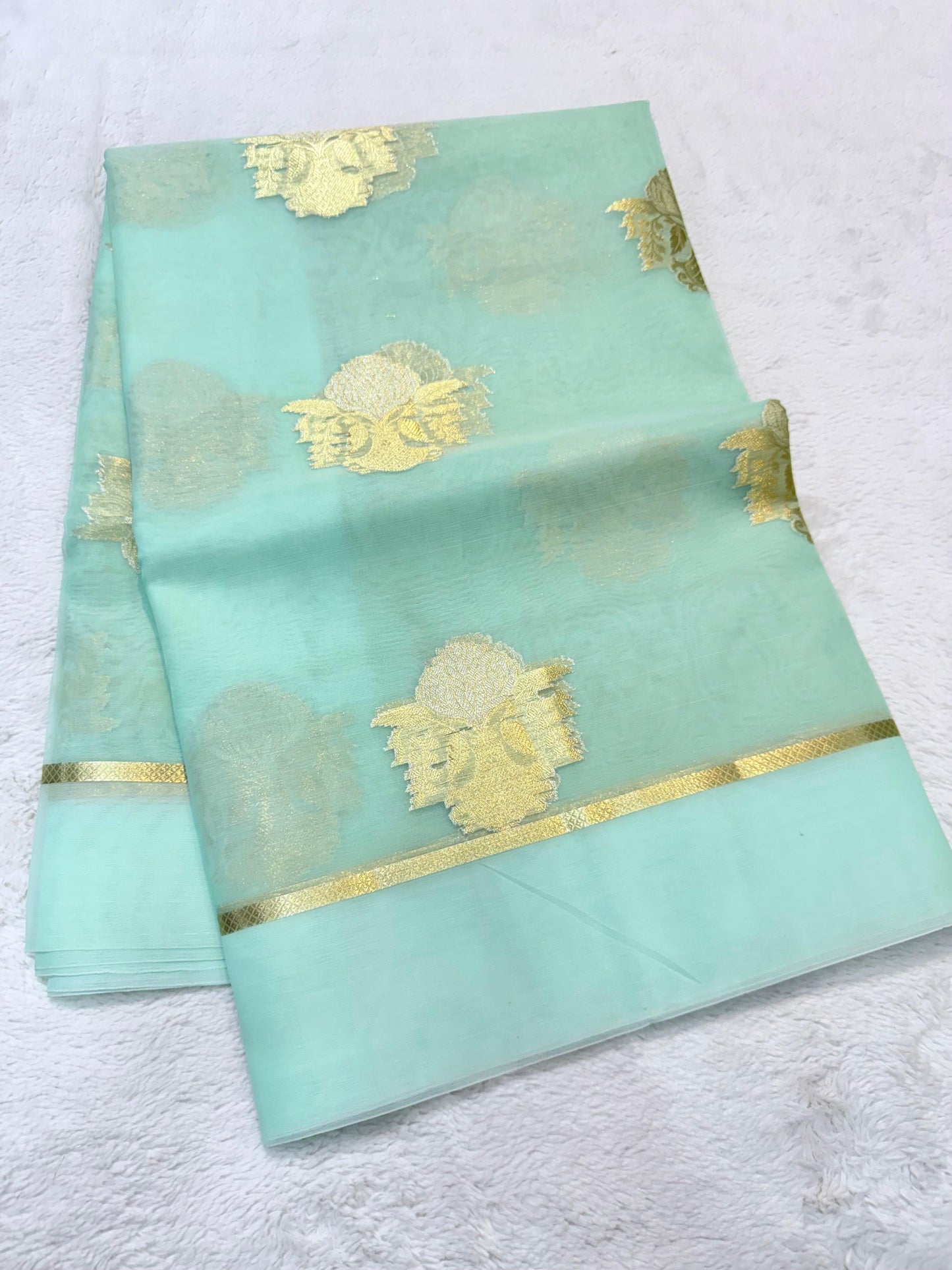 Ocean Green Kora Organza Banarasi Saree