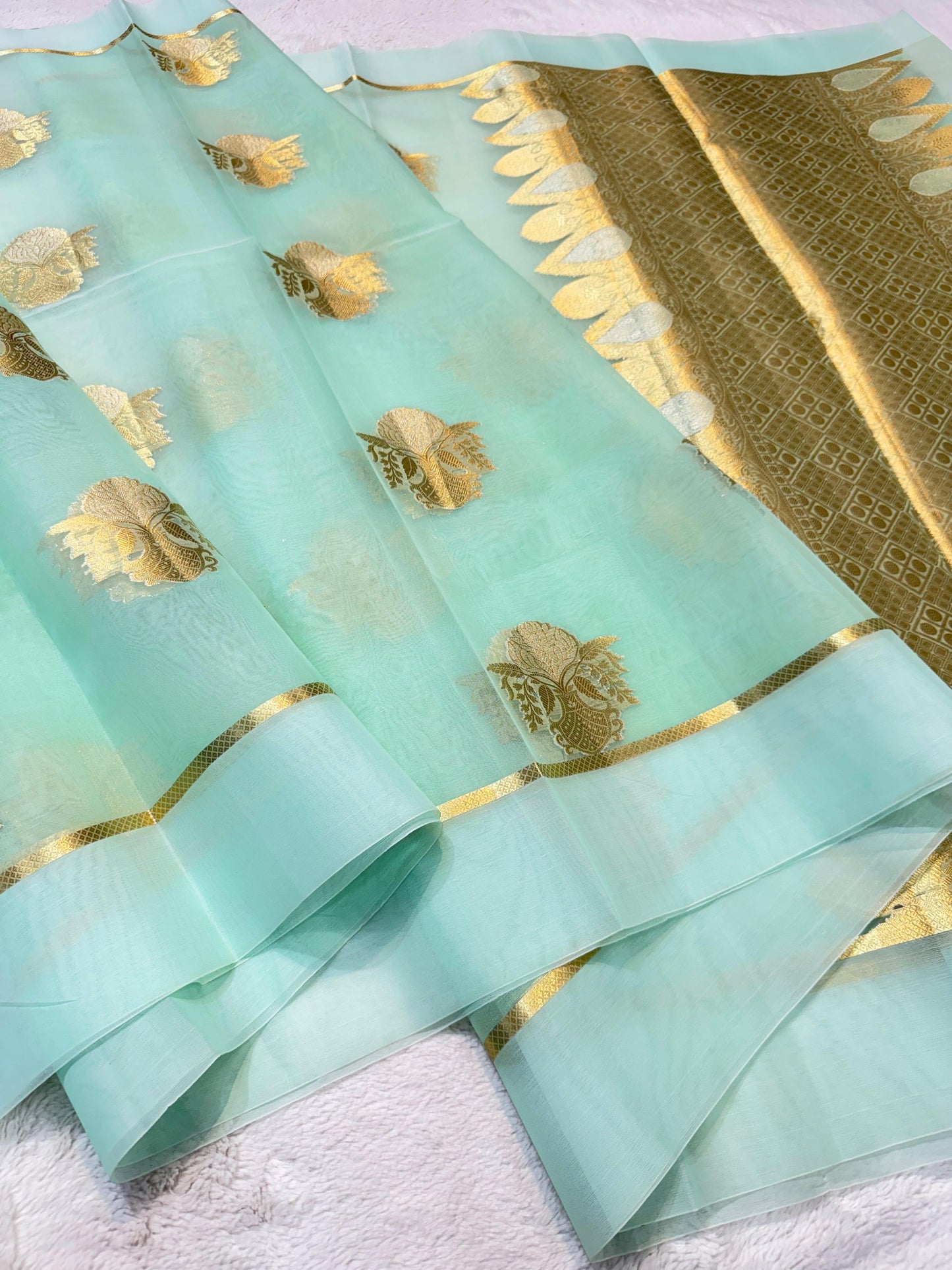 Ocean Green Kora Organza Banarasi Saree