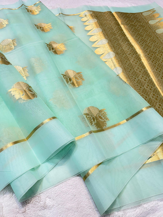 Ocean Green Kora Organza Banarasi Saree