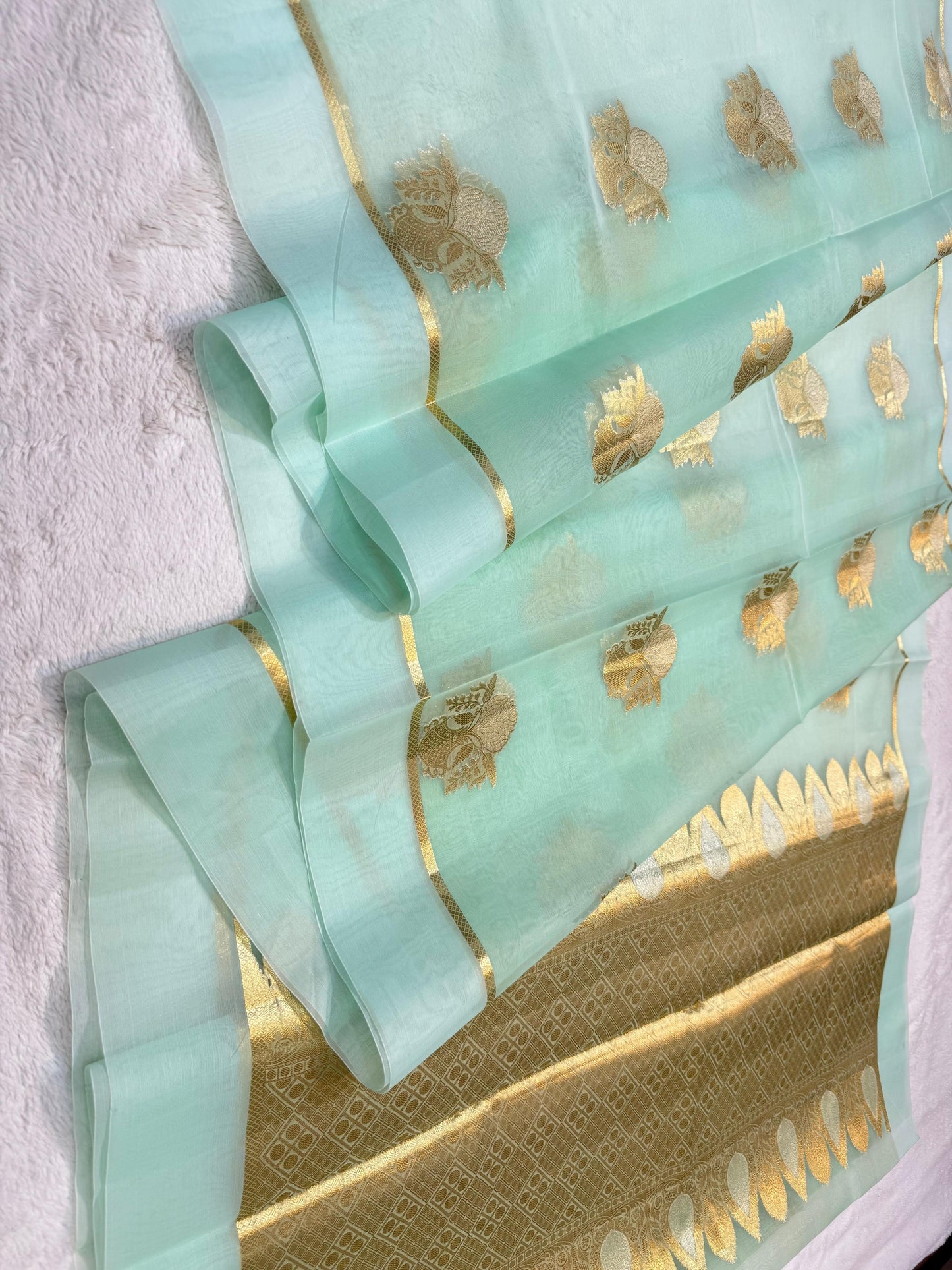 Ocean Green Kora Organza Banarasi Saree