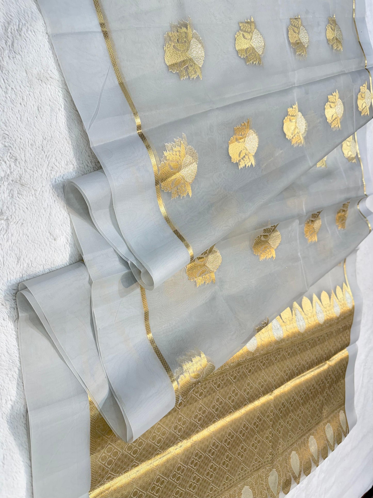 Gray Kora Organza Banarasi Saree