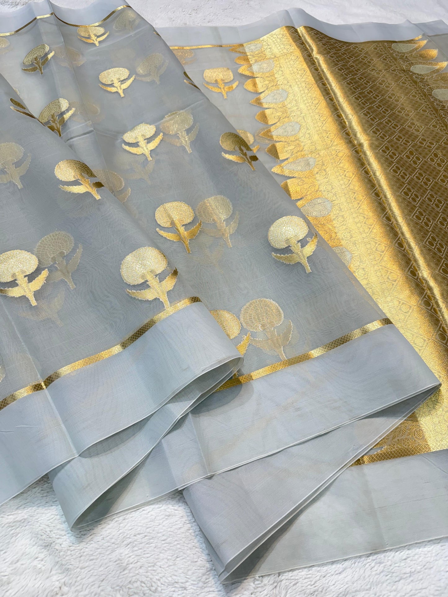 Gray Kora Organza Banarasi Saree