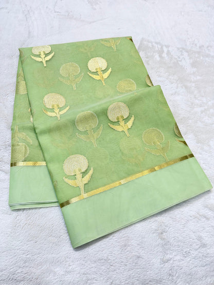 Pista Green Kora Organza Banarasi Saree