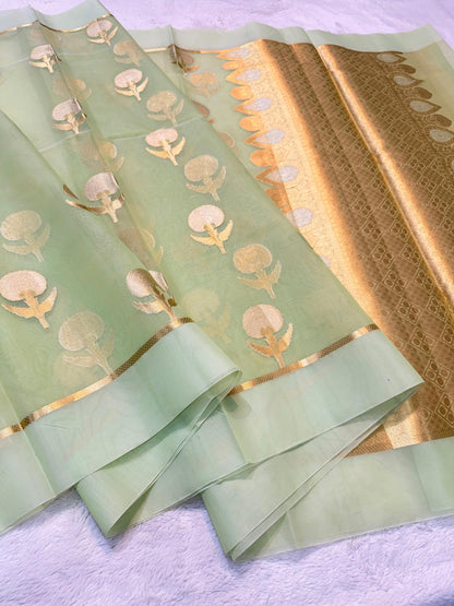 Pista Green Kora Organza Banarasi Saree