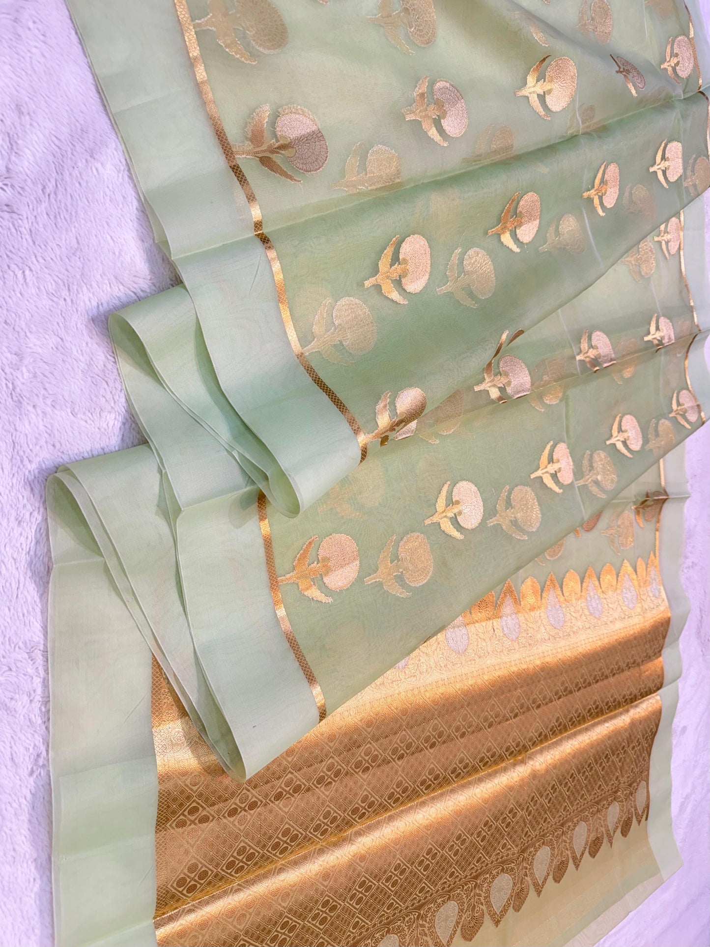 Pista Green Kora Organza Banarasi Saree