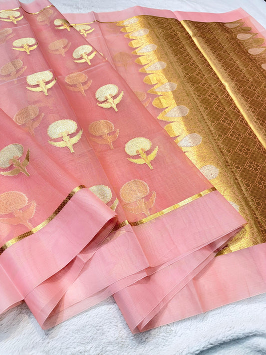 Peach Kora Organza Banarasi Saree