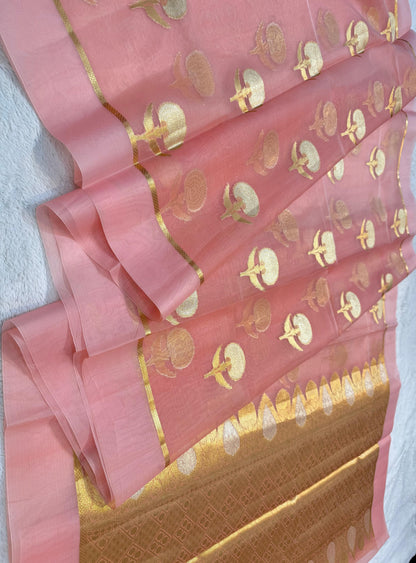 Peach Kora Organza Banarasi Saree