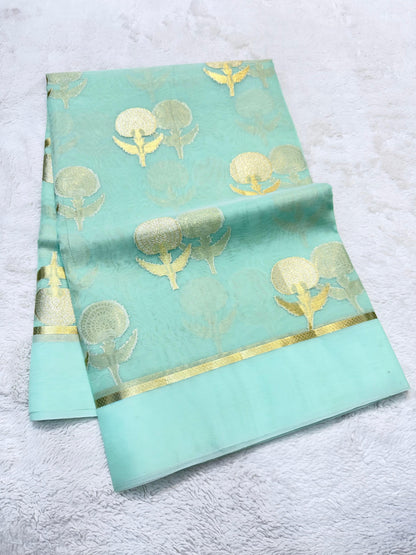 Ocean Green Kora Organza Banarasi Saree