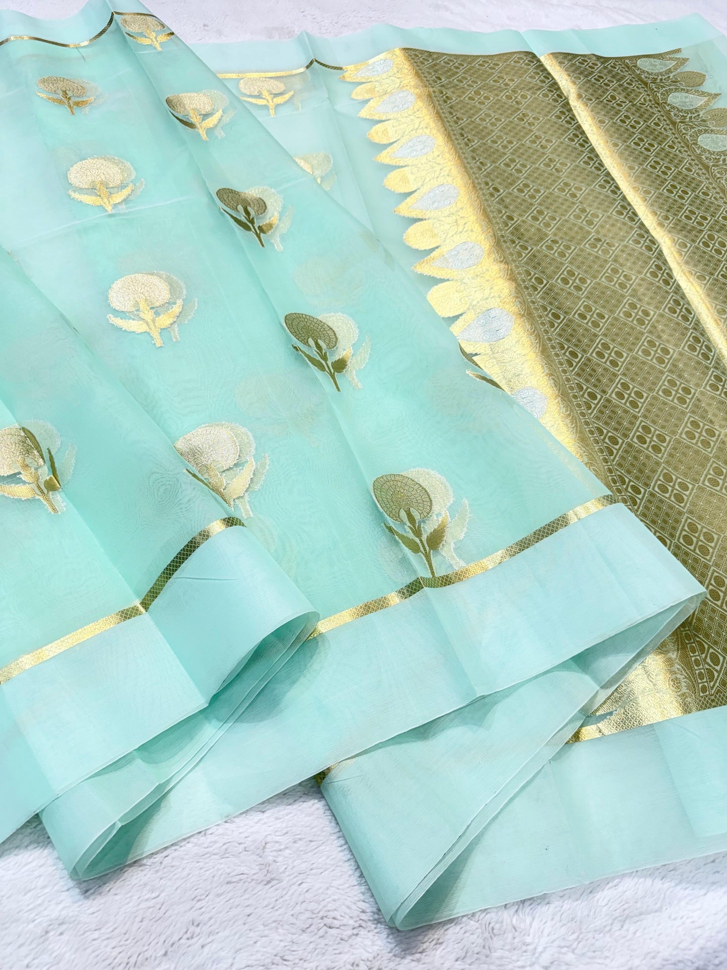 Ocean Green Kora Organza Banarasi Saree