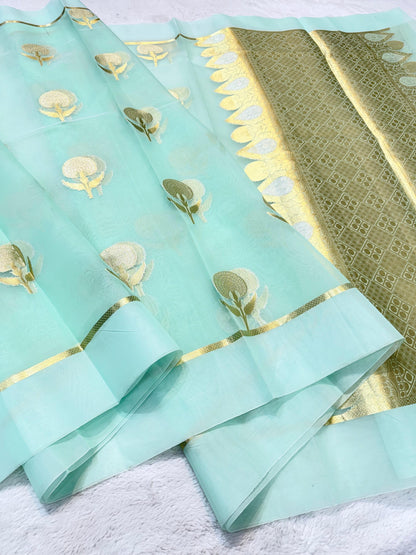 Ocean Green Kora Organza Banarasi Saree