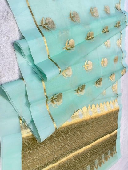 Ocean Green Kora Organza Banarasi Saree