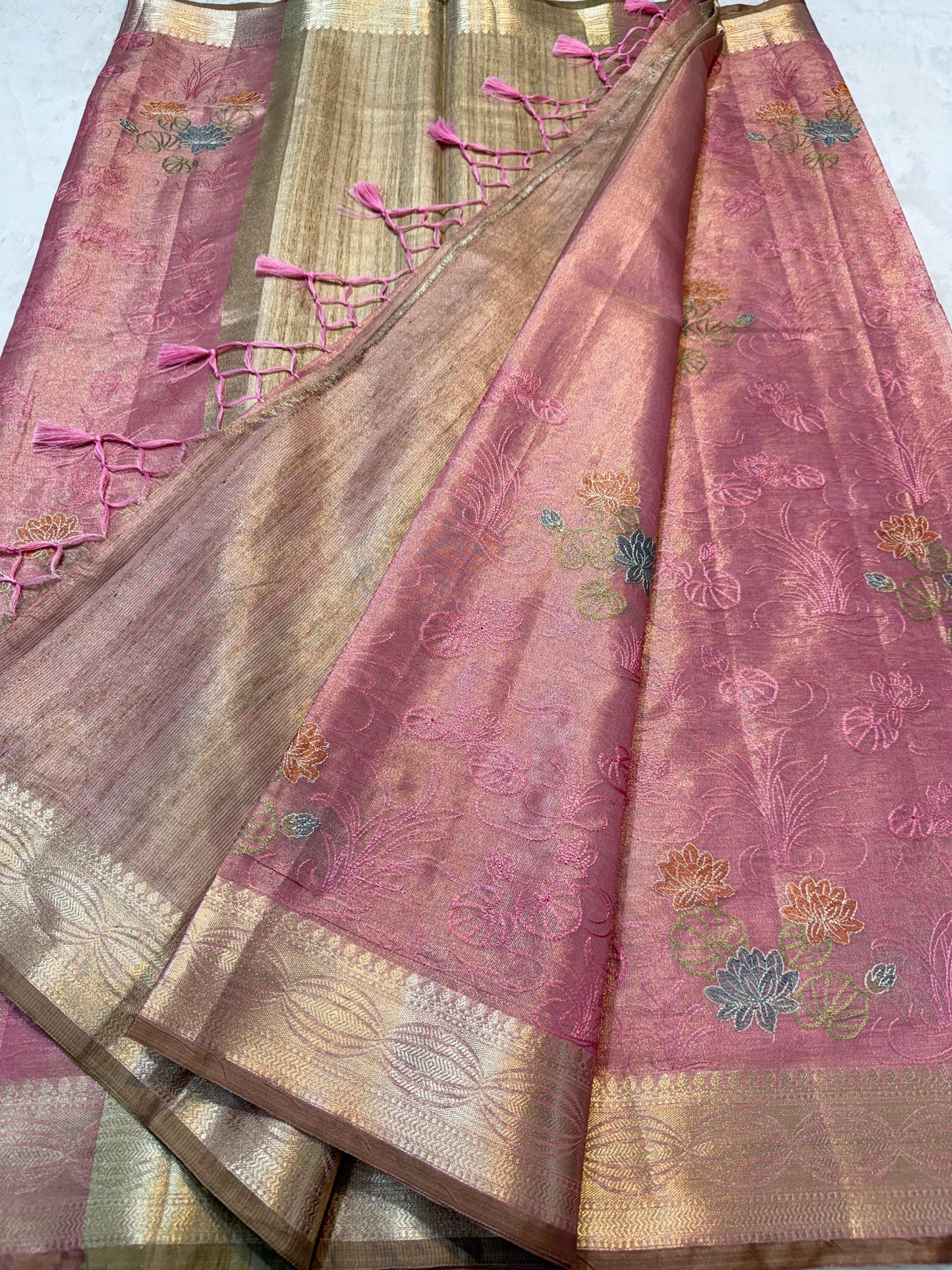 Pink Tissue Designer Embroidery Premium Banarasi Saree