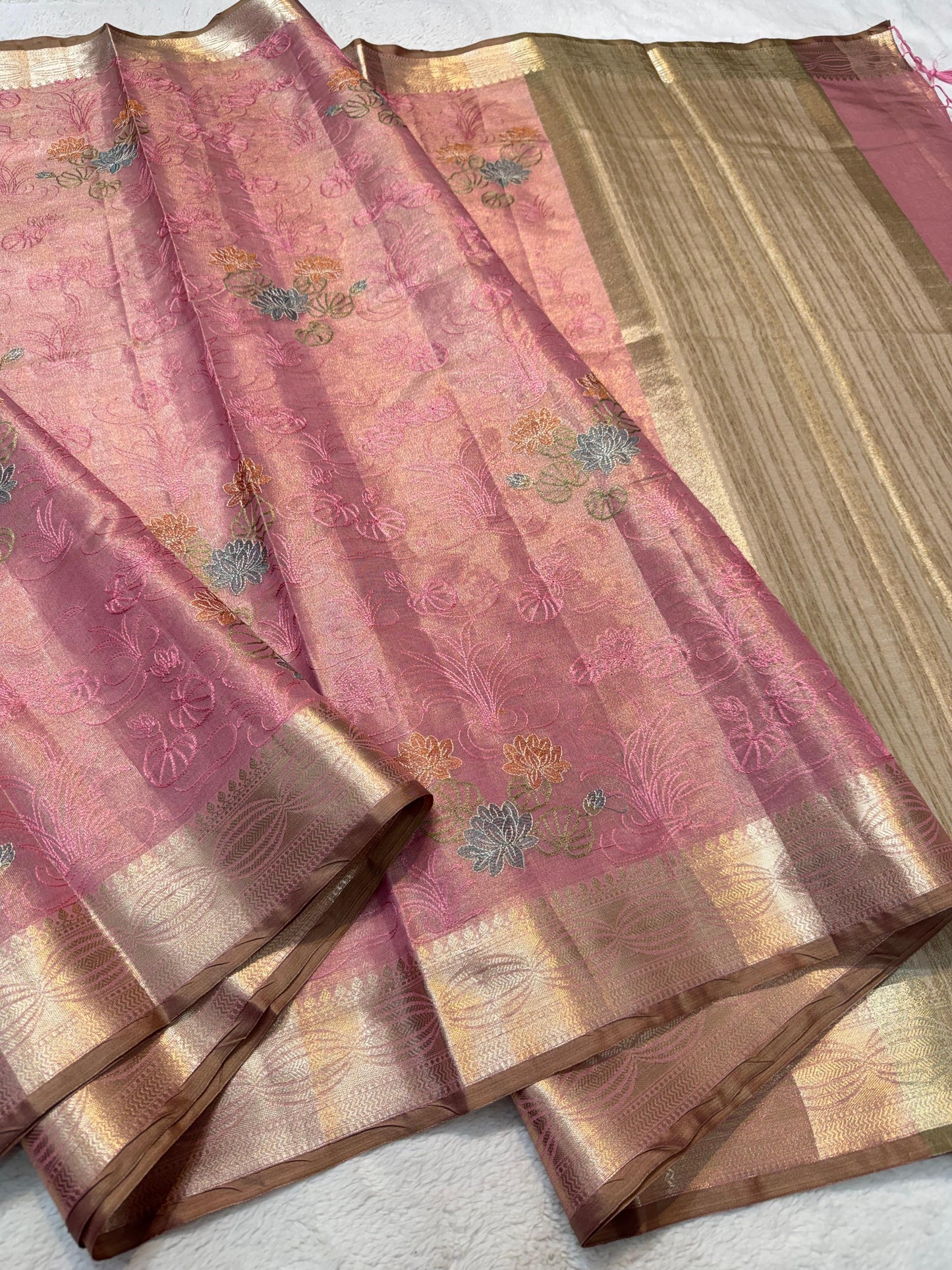 Pink Tissue Designer Embroidery Premium Banarasi Saree