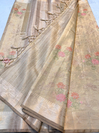 Pista Green Tissue Designer Embroidery Premium Banarasi Saree
