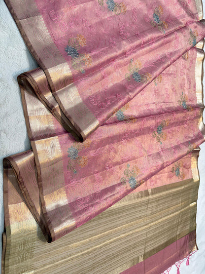 Pink Tissue Designer Embroidery Premium Banarasi Saree