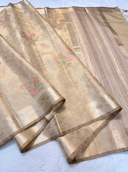 Pista Green Tissue Designer Embroidery Premium Banarasi Saree