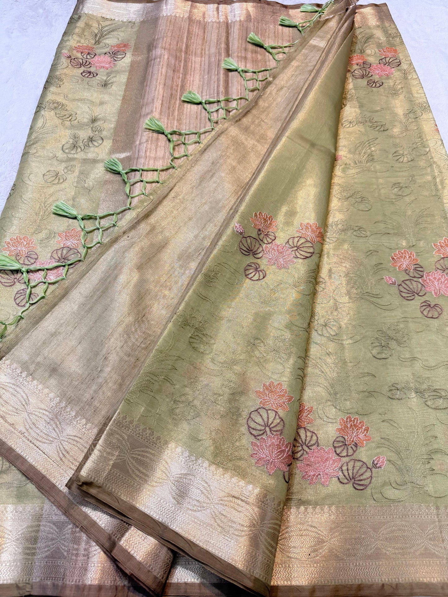 Green Tissue Designer Embroidery Premium Banarasi Saree