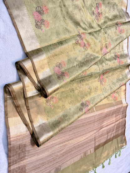 Green Tissue Designer Embroidery Premium Banarasi Saree