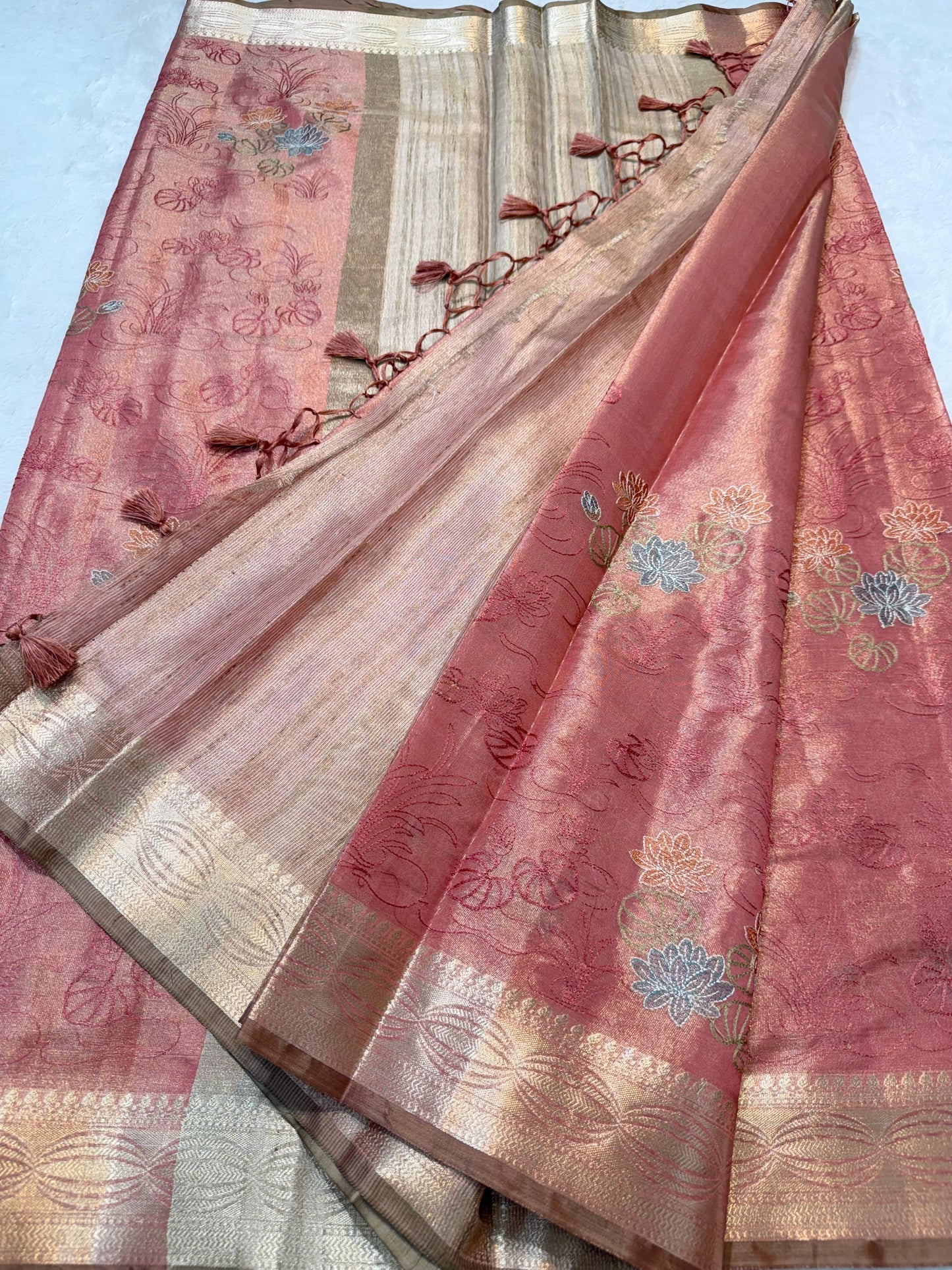 Peach Tissue Designer Embroidery Premium Banarasi Saree