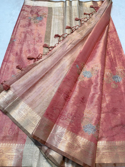 Peach Tissue Designer Embroidery Premium Banarasi Saree