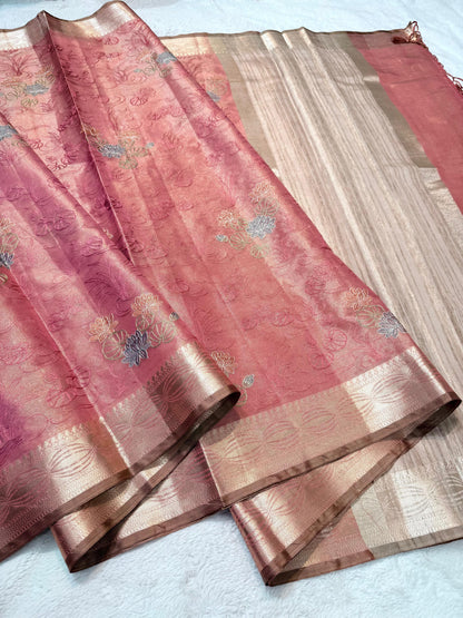 Peach Tissue Designer Embroidery Premium Banarasi Saree