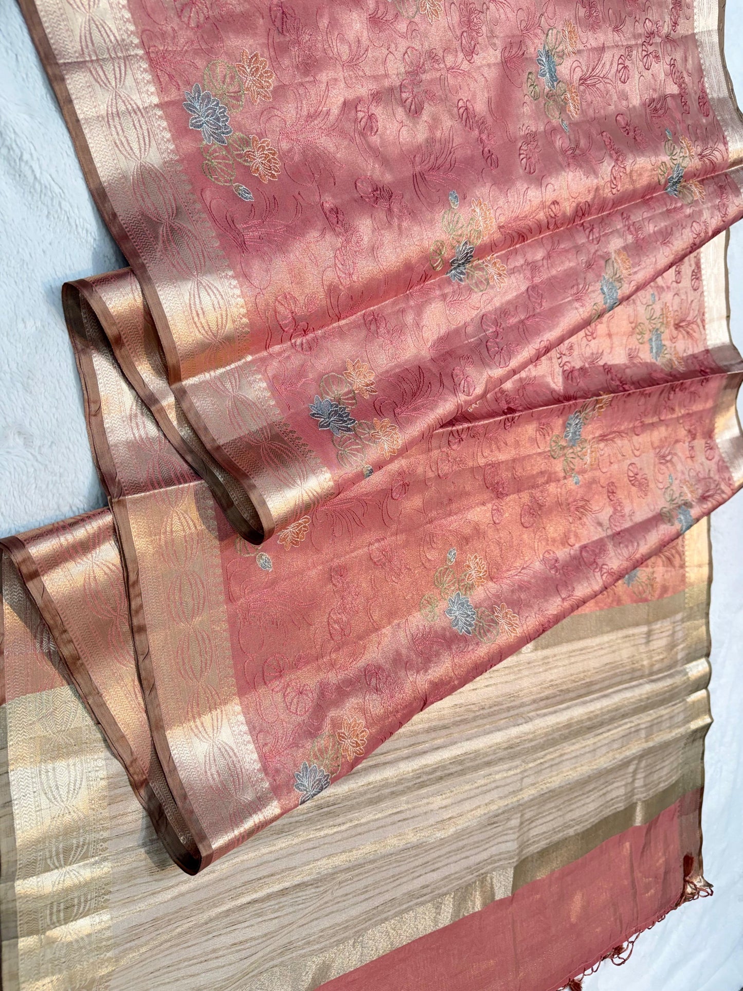 Peach Tissue Designer Embroidery Premium Banarasi Saree