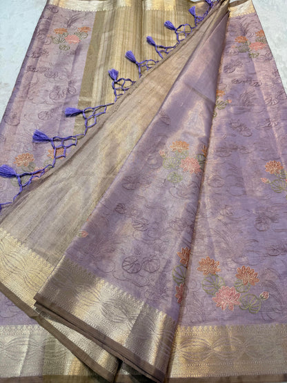 Lovender Tissue Designer Embroidery Premium Banarasi Saree