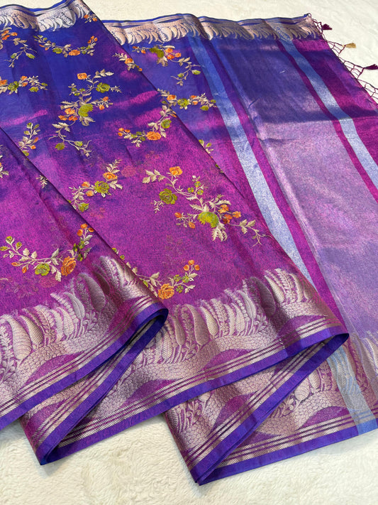 Blue Tissue Designer Embroidery Premium Banarasi Saree