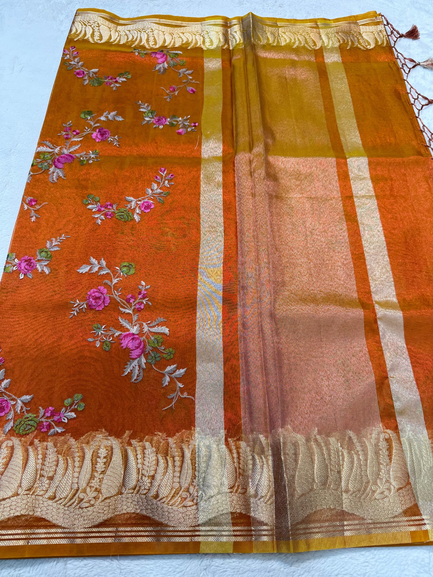 Orange Tissue Designer Embroidery Premium Banarasi Saree