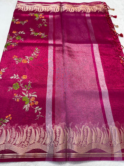 Rani Tissue Designer Embroidery Premium Banarasi Saree