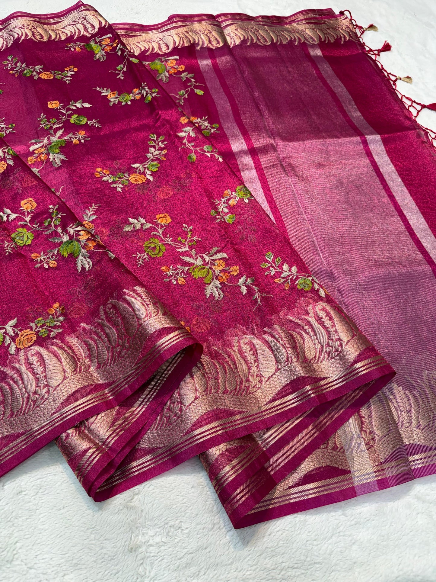 Rani Tissue Designer Embroidery Premium Banarasi Saree