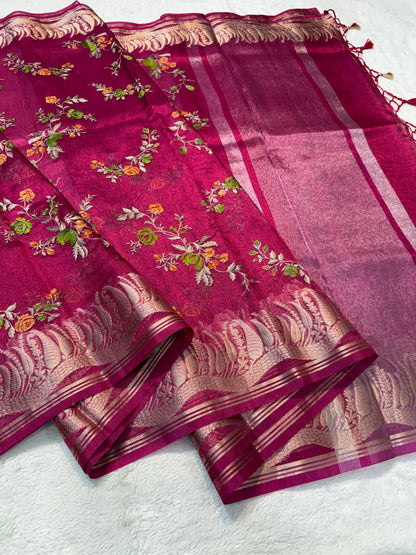 Rani Tissue Designer Embroidery Premium Banarasi Saree
