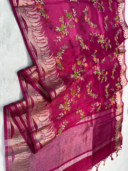 Rani Tissue Designer Embroidery Premium Banarasi Saree