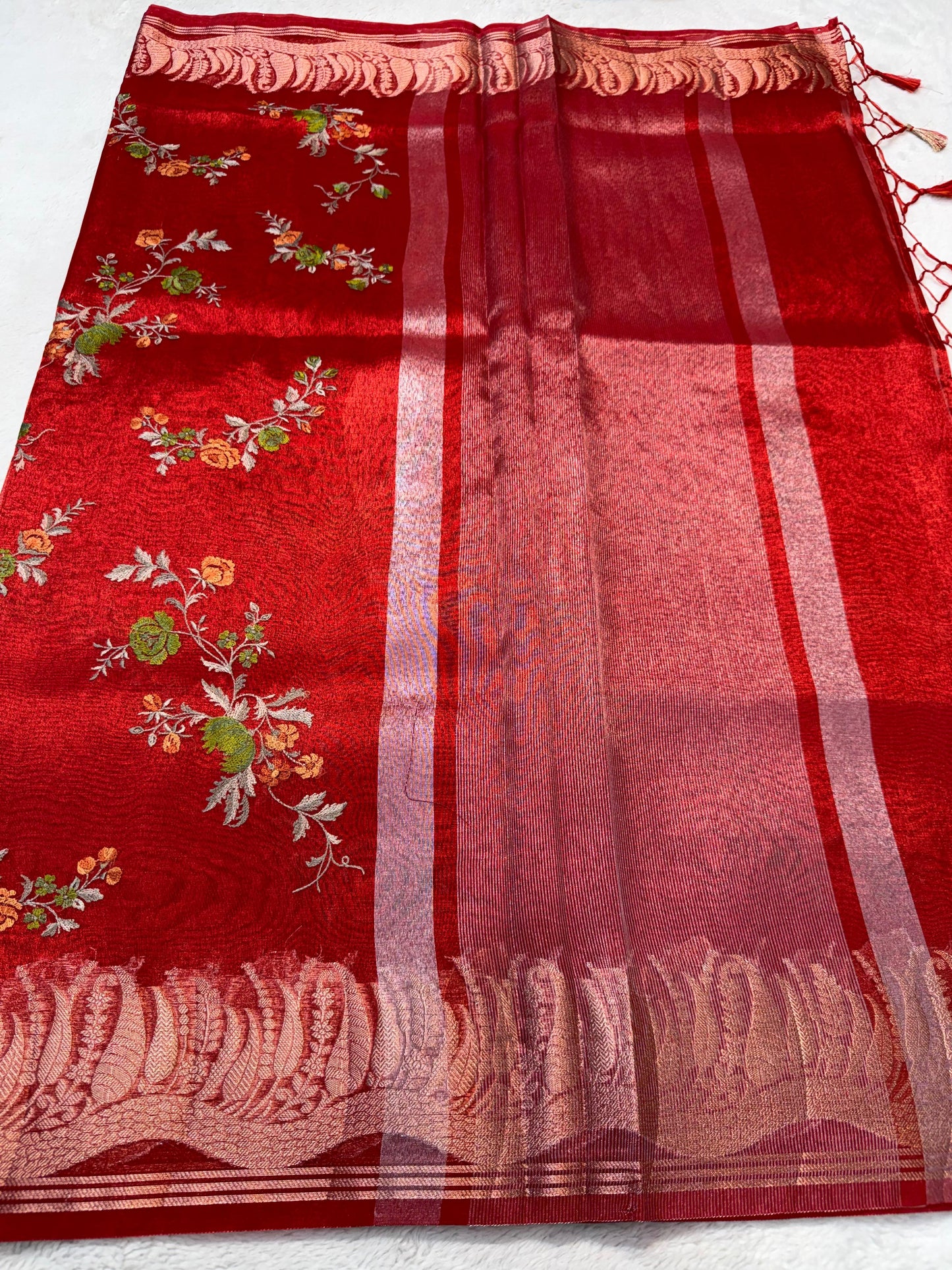 Red Tissue Designer Embroidery Premium Banarasi Saree