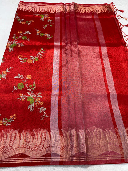 Red Tissue Designer Embroidery Premium Banarasi Saree