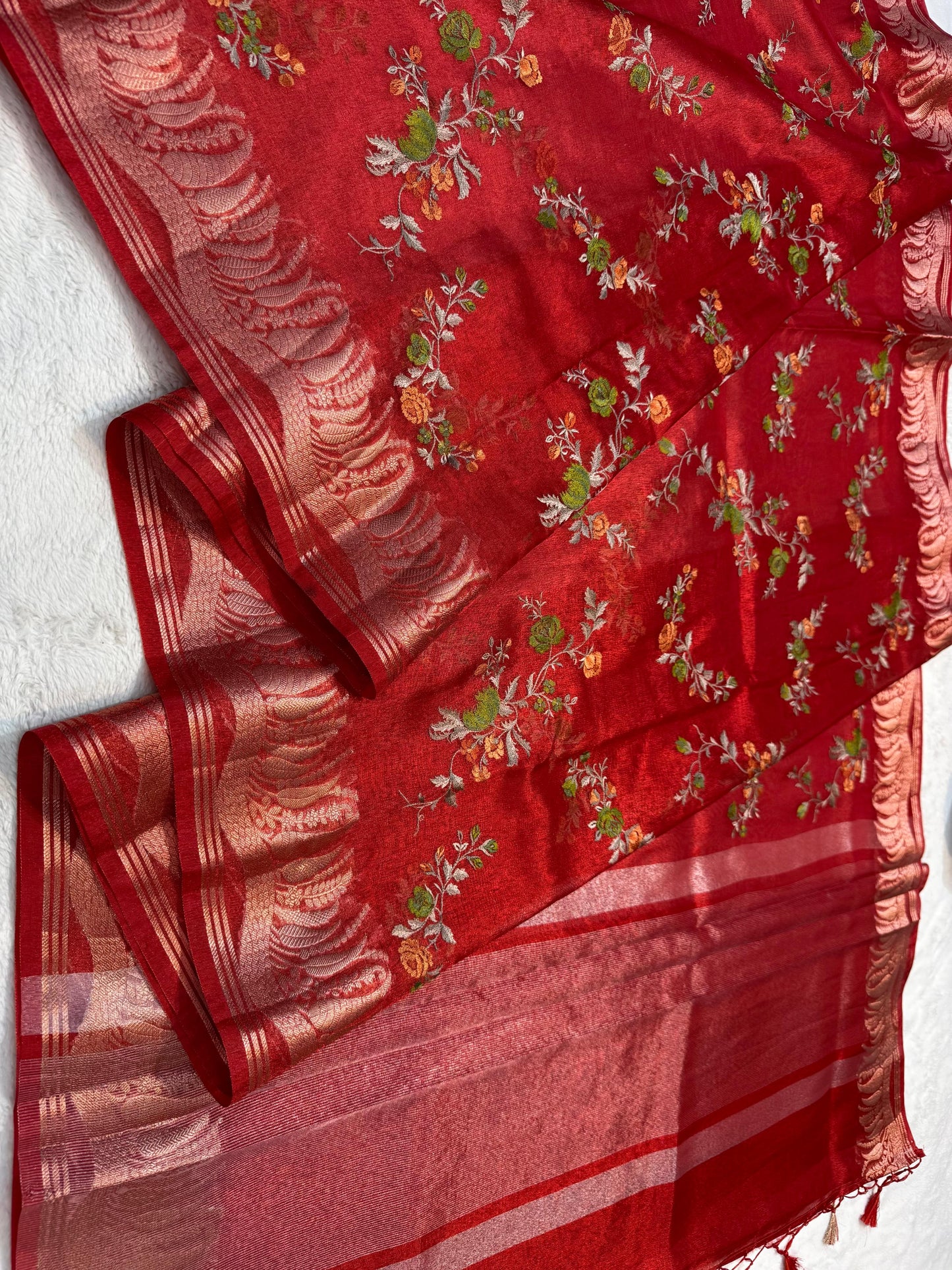 Red Tissue Designer Embroidery Premium Banarasi Saree