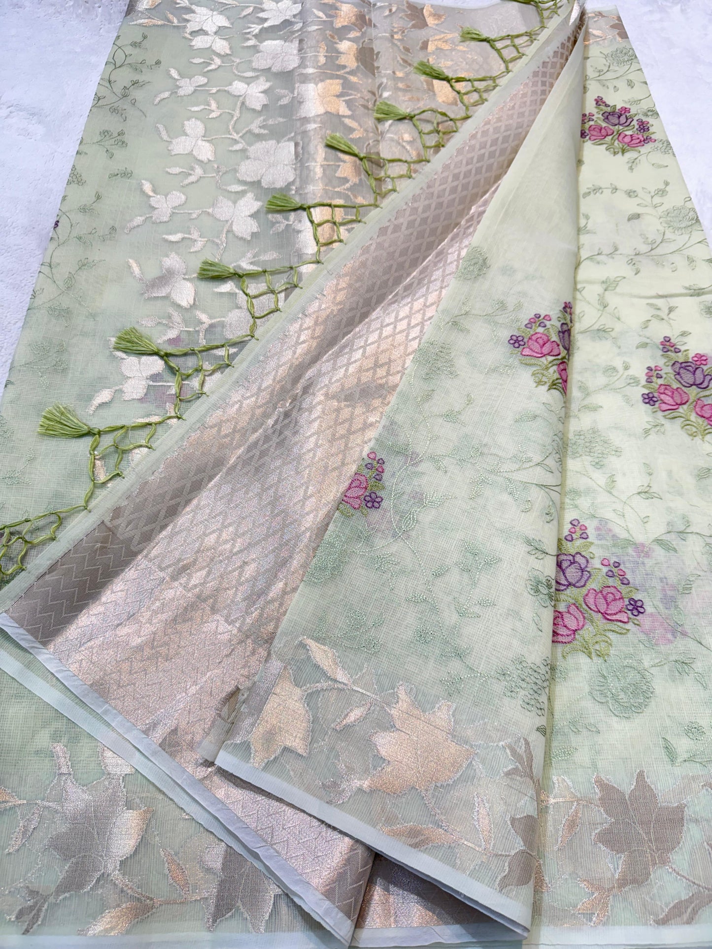 Pista Green Cotton Kota Designer Embroidery Premium Banarasi Saree