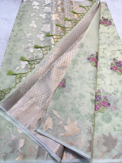 Pista Green Cotton Kota Designer Embroidery Premium Banarasi Saree