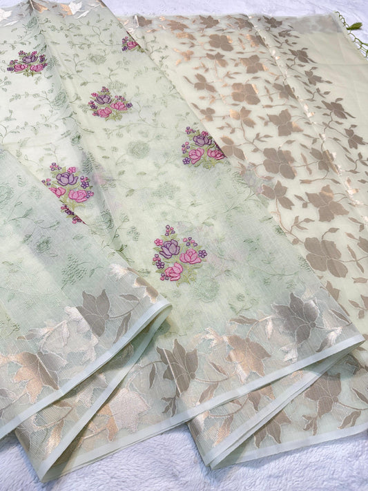 Pista Green Cotton Kota Designer Embroidery Premium Banarasi Saree