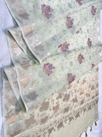 Pista Green Cotton Kota Designer Embroidery Premium Banarasi Saree