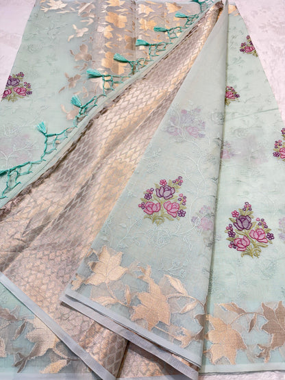 Ocean Green Cotton Kota Designer Embroidery Premium Banarasi Saree