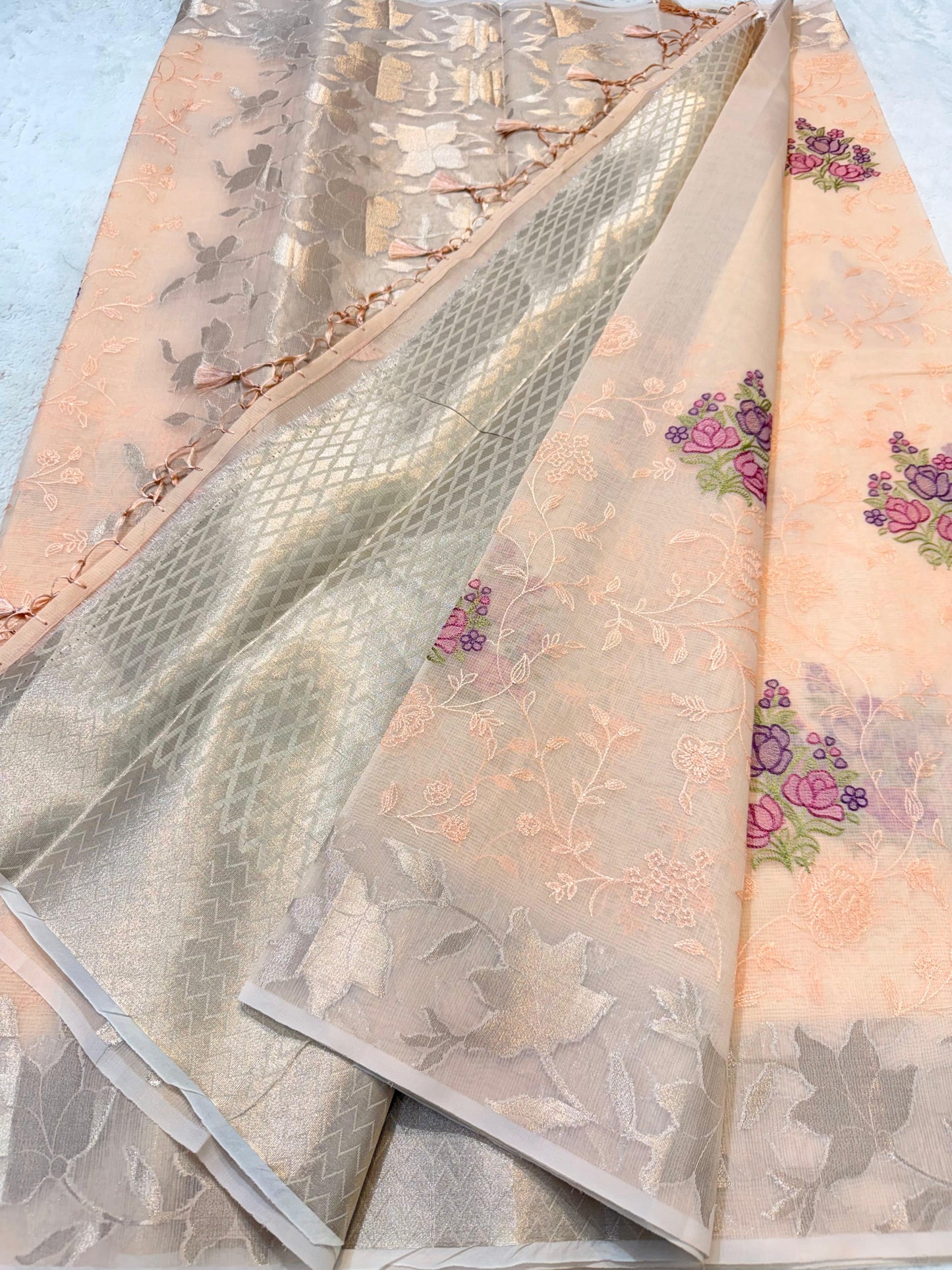 Peach Cotton Kota Designer Embroidery Premium Banarasi Saree