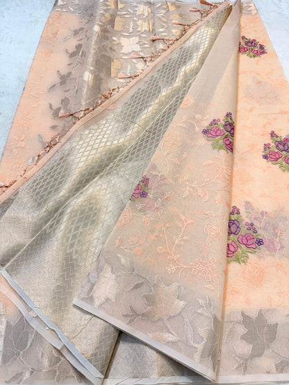 Peach Cotton Kota Designer Embroidery Premium Banarasi Saree